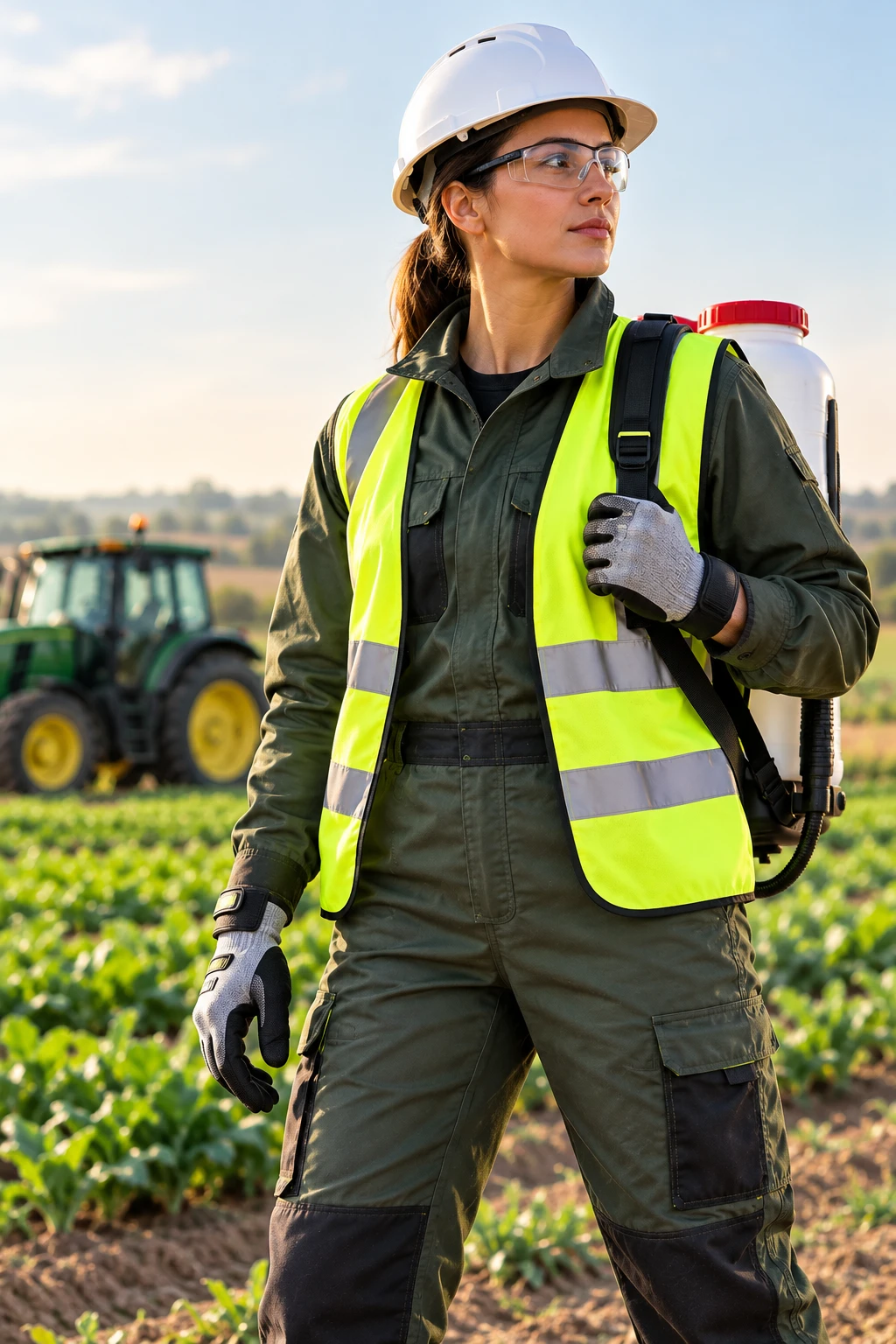 Worker in a hi-vis vest, coveralls, helmet, goggles and gloves