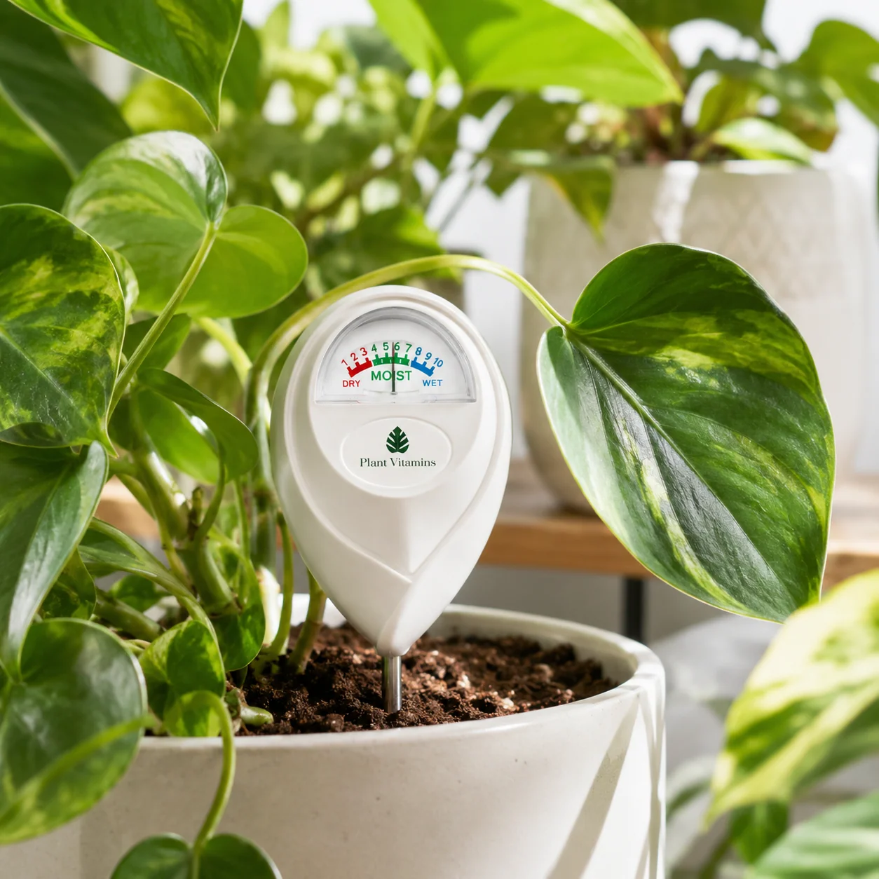 Soil moisture meter standing in a potted plant