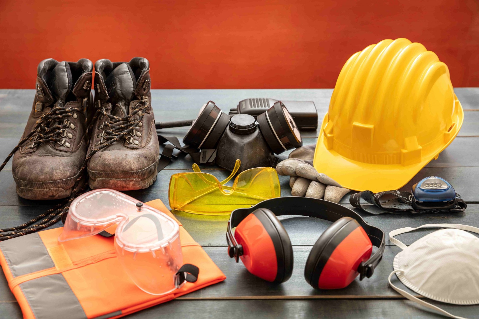 Safety helmet, ear defenders, goggles, gloves, mask and hi-vis vest
