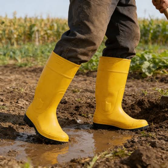 Yellow rubber safety boots standing in mud